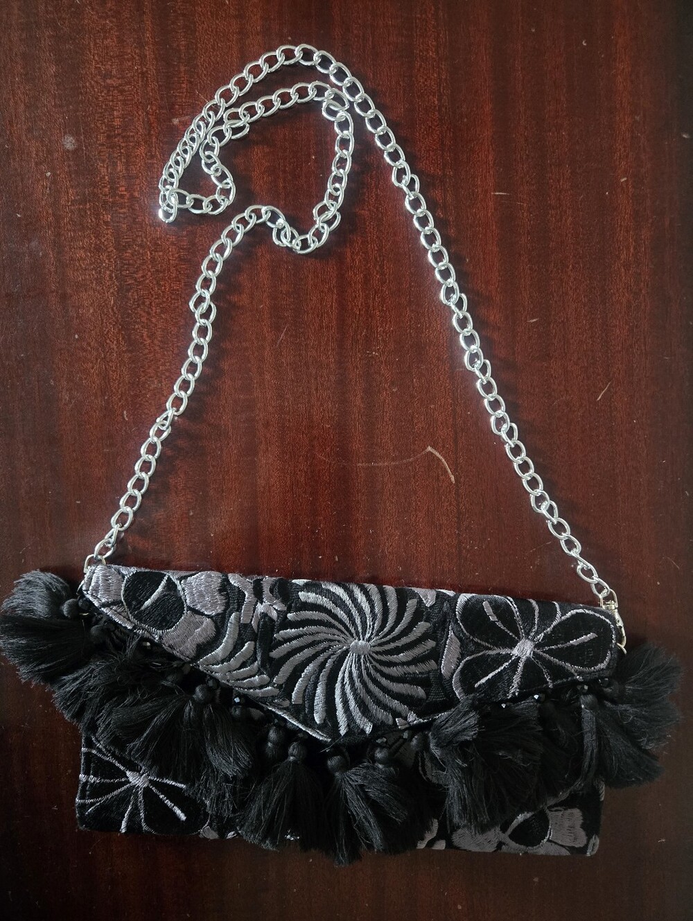 Black Embroidered Tassel Chain Shoulder Bag